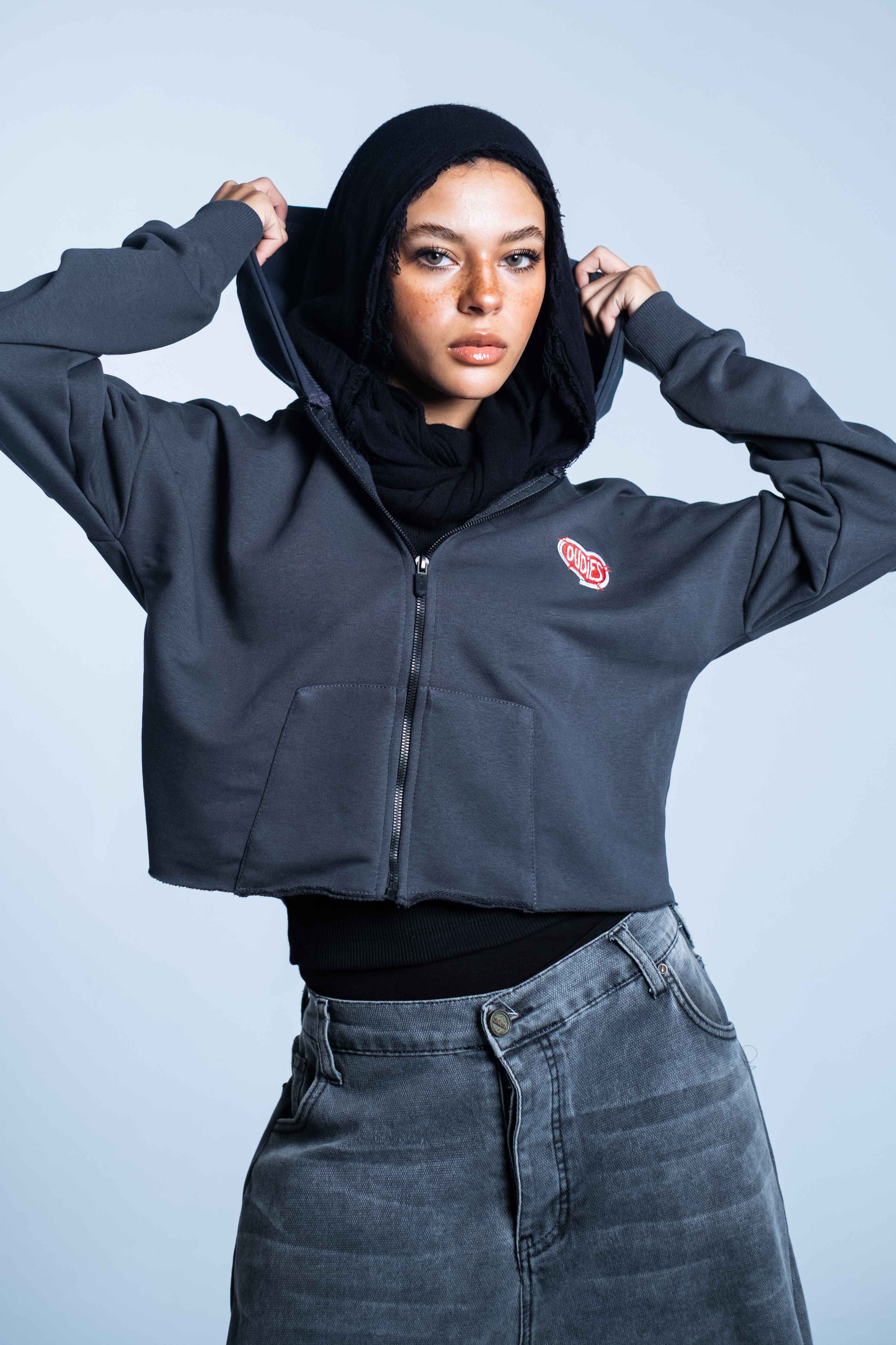 EMBROIDERED CROP HOODIE (GREY)