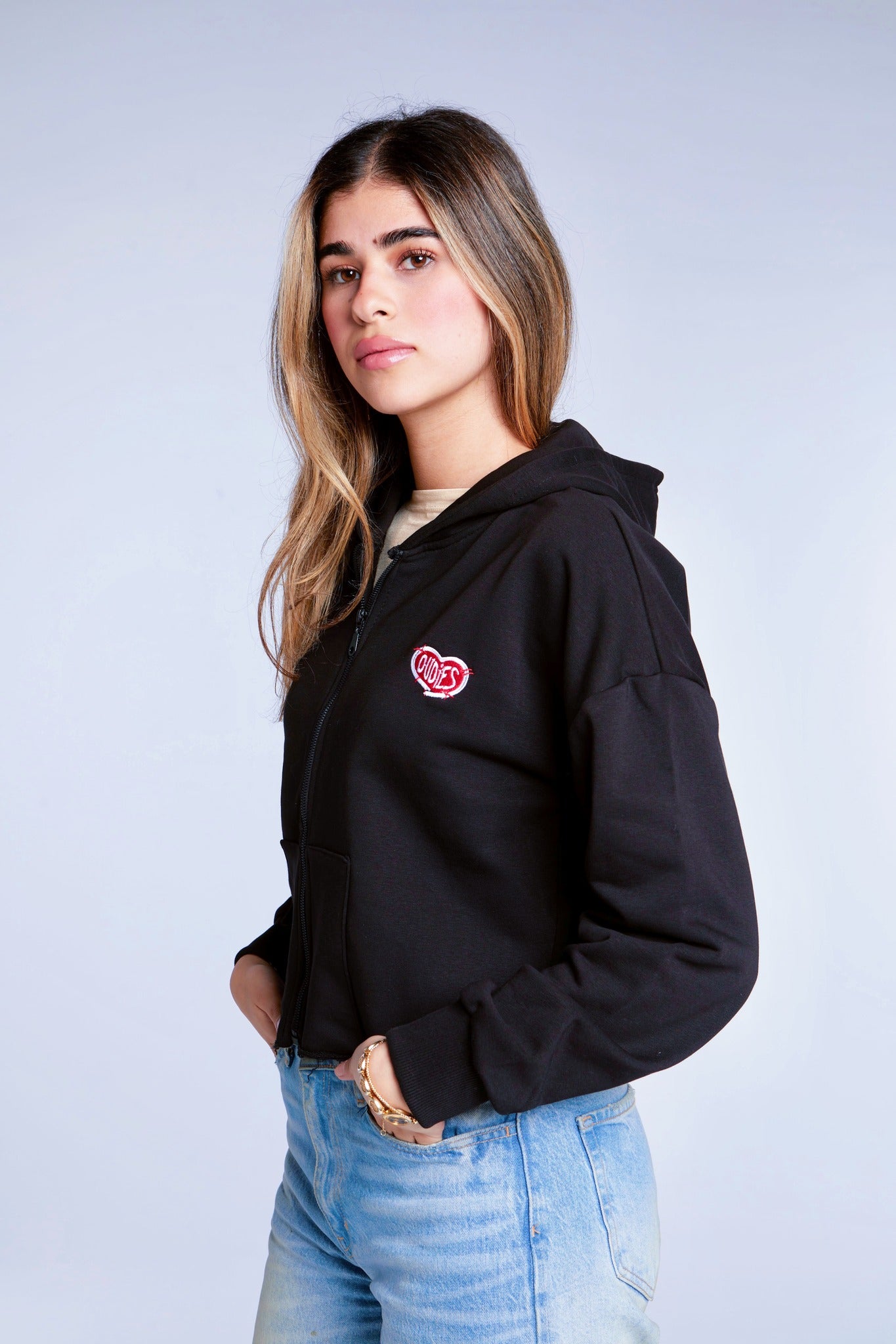 EMBROIDERED CROP HOODIE (BLACK)